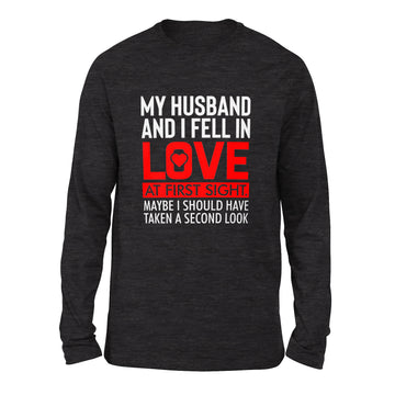 My Husband And I Fell In Love At First Sight Men/Unisex Drop Shoulder Sweatshirt in Dark Grey Heather color